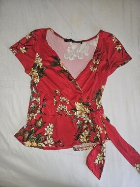 Floral Wrap Peplum Top - Red